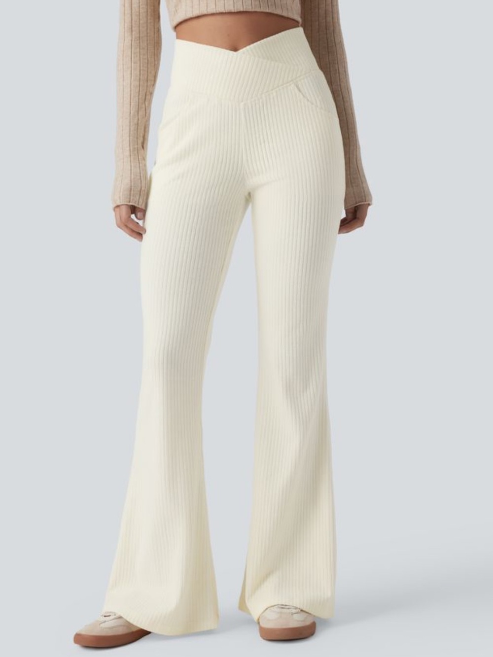 HALARA Ribbed High-Rise Flare Pants in Cream